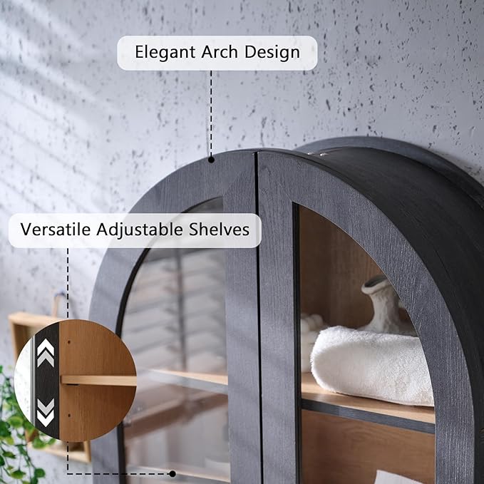 Bathroom Arched Wall Cabinet Over The Toilet Storage Cabinet, 23.5×31.4 Inch bathroom cabinet wall mount with Glass Doors & Adjustable Shelves, Wood Cabinet for Laundry Room, Bedroom Kitchen，Dark Grey