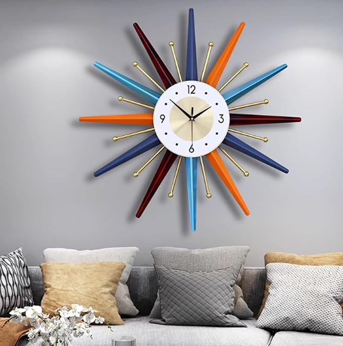 Large Wall Clock 22 Inch Mid Century Wall Clock Starburst Clock Non-Ticking Battery Operated Modern Home Decorations for Living Room Bedroom Kitchen Office,Wall Watch