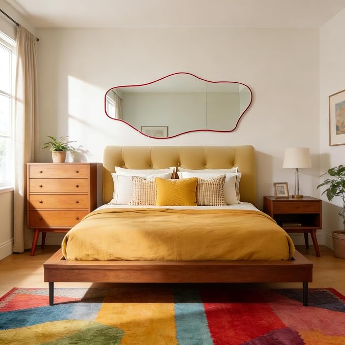 Irregular Mirror Full Length, 67"x31" Red Asymmetrical Tempered Glass Mirror, Large Organic Frameless Wall Mirrors for Entryway Hallway Bedroom Living Room, Horizontal or Vertical Hanging