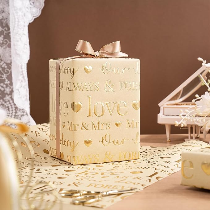 RUSPEPA Brown Wedding Wrapping Paper, Mini Roll, Luxury Gold Foil LOVE Design, Perfect for Wedding, Bridal Shower, Anniversary, 17 Inches x 16.5 Feet