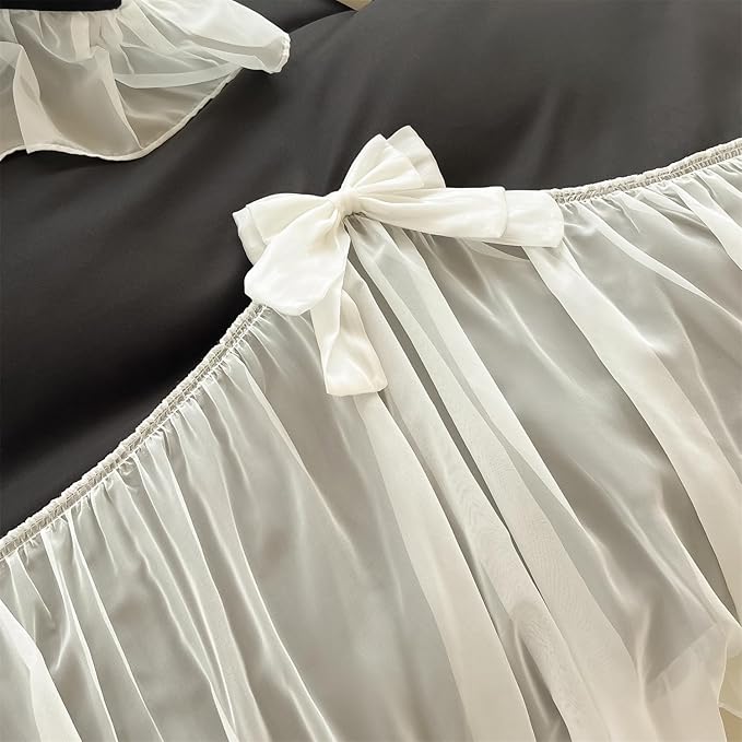 Girls Lace Bedding,Queen Comforter Cover Set, Chic Ruffled Duvet Cover with Lovely Bow,Princess Style 1 Duvet Cover with 1 Pillowcases, No Comforter-Black,Twin Size