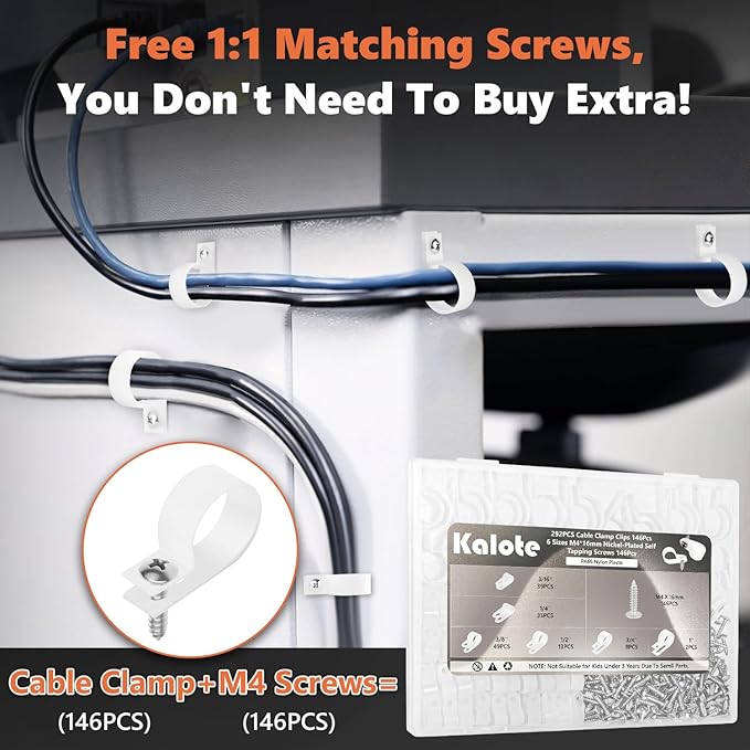 292PCS Cable Clamps, Cable Clips for Management Cord Organizer, 6 Sizes-3/16'' 1/4'' 3/8'' 1/2'' 3/4'' 1'' White PA66 Nylon R-Type Plastic Screw Mounting Cord Clamp Assortment Kit with M4 Screws