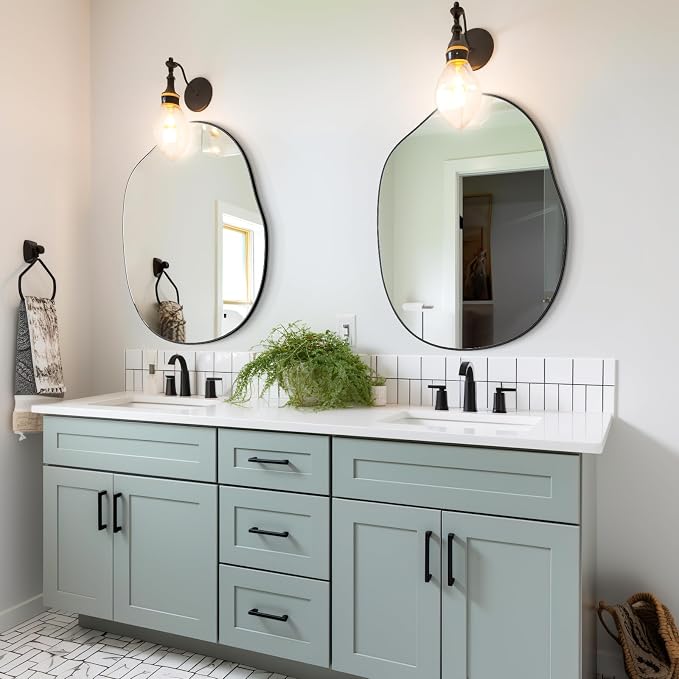 Black Mirror for Bathroom,24"x32" Wood Framed Vanity Mirror,Irregular Oval Wall Mirror Asymmetrical Aesthetic Mirror for Living Room Bedroom Entryway Horizontal/Vertical