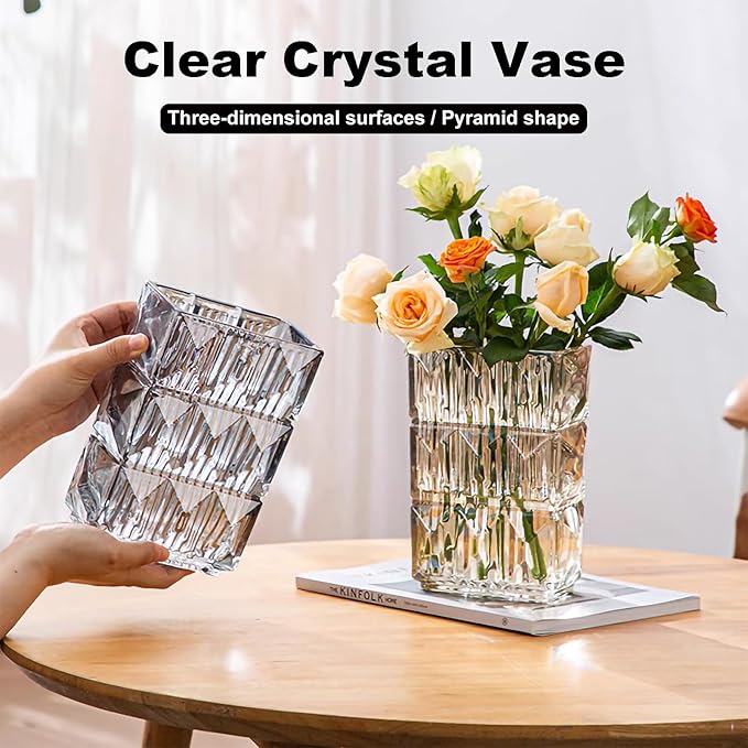 Glass Flower Vase, Clear Crystal Vases for Centerpieces, Heavy Handmade Modern Vases for Decor Home Bedroom Kitchen Office Living Room, 7.88 Inch (Clear Amber)