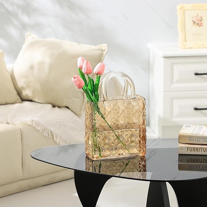 Glass Purse Vase, Glass Bag Vase, Amber Vases for Flowers, 12 Inch Large Flower Vases with Embossed Pattern for Wedding, Living Room, Bedroom, Table, Office(Tote)