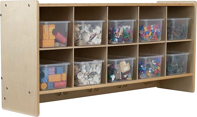 10 Section Wall Mount Classroom Storage Organizer, Cubby Shelving with Coat Locker, Translucent Trays, and Hooks for Daycare, Home, Kids Friendly Design, 21.75" High