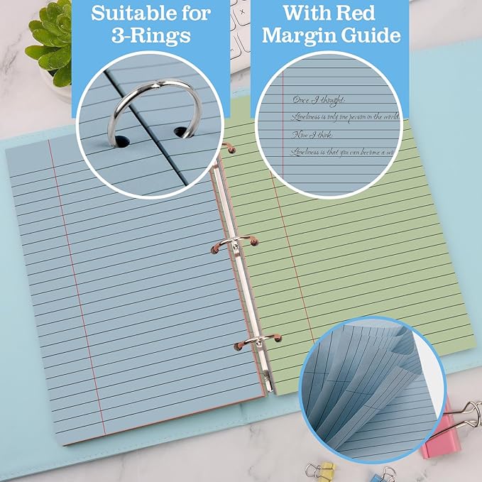 200 Sheets Half Letter Lined Paper 5.5 X 8.5 In Colored Notebook Paper College Ruled Loose Leaf Paper 3 Hole Punched Half Mini Binder Inserts Fit 3 Ring Binder for School Office