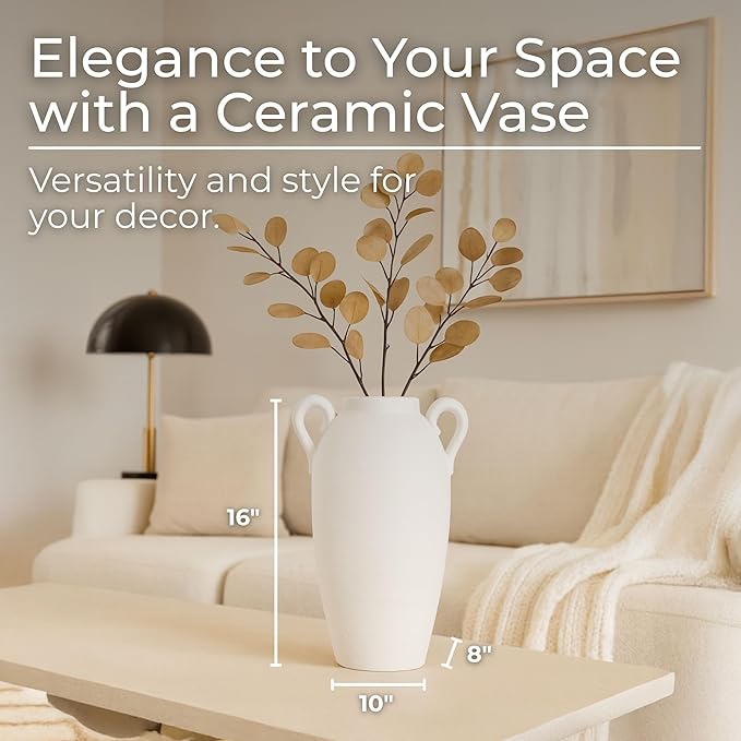 Textured Jug Tall Floor Vase – Ceramic Stoneware Decorative Vases for Home Decor – Modern Centerpiece for Living Room, Bedroom, Office, Table & Floor Display – 16", White