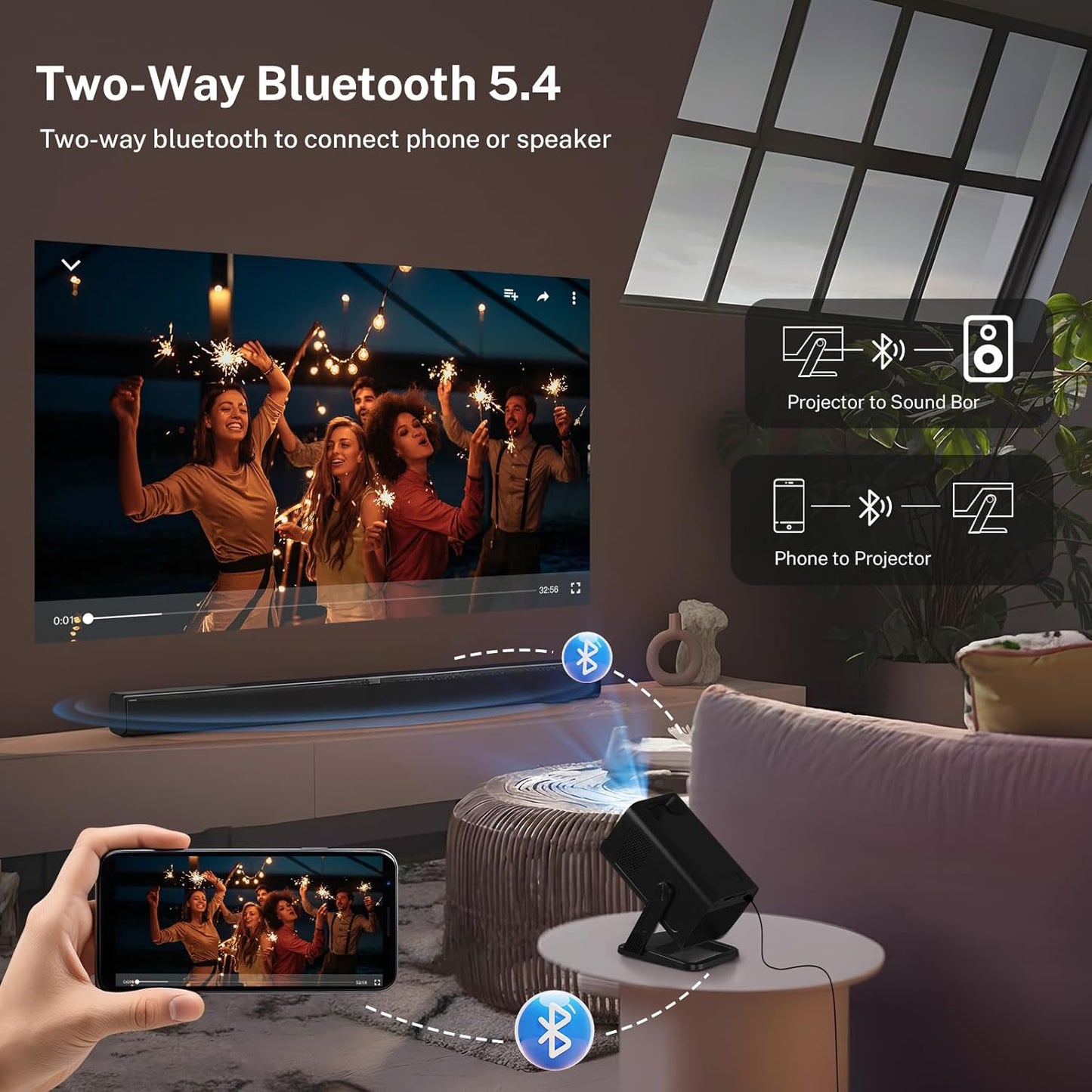 VisualCube Mini Projector - 1080P 4K WiFi 6 & Bluetooth 5.4 | Portable Outdoor Projector, Black