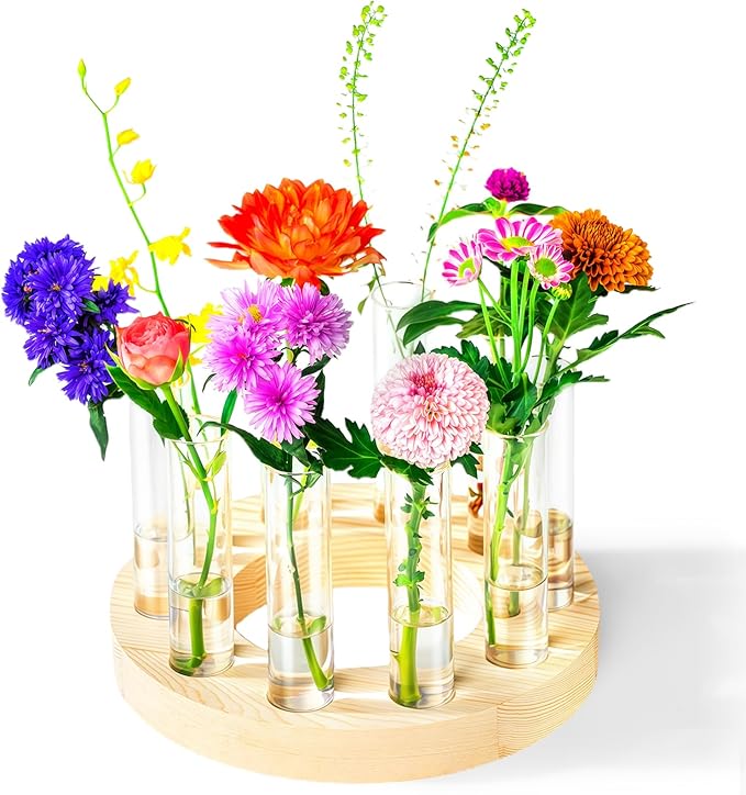 Melphoe Glass Bud Vases Small Flower Vase for Centerpieces Wedding Table Decorations, Home Decor, Propagation Station Plant Terrarium with Wooden Stand, Unique Plant Lover Gifts for Women (Beige)