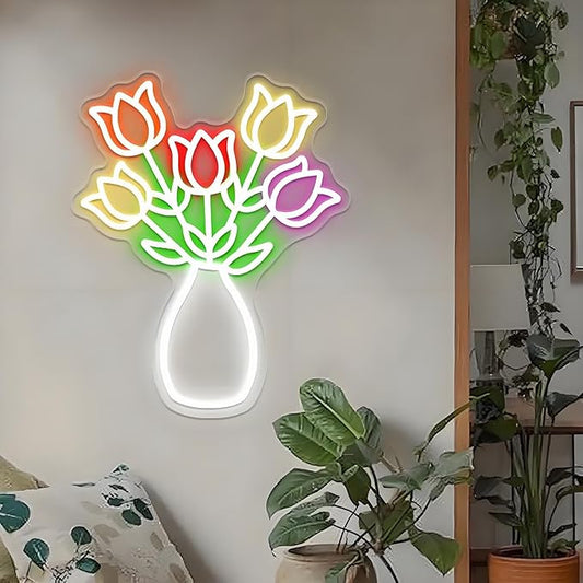 Tulips Bouquets Vases LED Neon Sign - Dimmable, Ideal Flower Neon Sign & Neon Signs for Wall Decor, Perfect for Spring-Themed Bedrooms, Floral Studios, Season Enthusiasts' Spaces, Great Gift for Flower & Spring Lovers