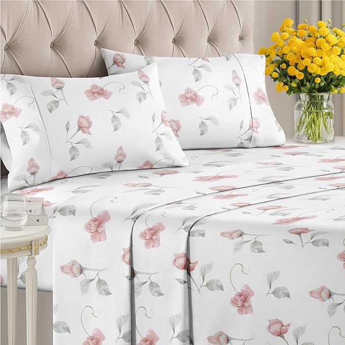 Floral Sheets - Floral Rose Bed Sheet Set - 1 Flat, 1 Fitted & 2 Pillowcases w/ Deep Pockets - Comfy, Wrinkle & Fade Free - Boho Botanical Bedding - Ultra-Soft, Breathable & Cooling - King Size Set