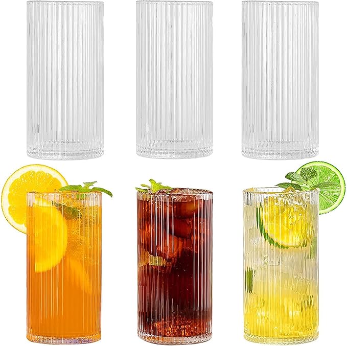 Ribbed Glassware Vintage Drinking Glasses 6Pcs -13OZ Clear Ribbed Drinking Glasses For Coffee, Cocktails, Smoothies, Juice, Beer, Water - Dishwasher Safe Lead-Free - Christmas Thanksgiving Gifts