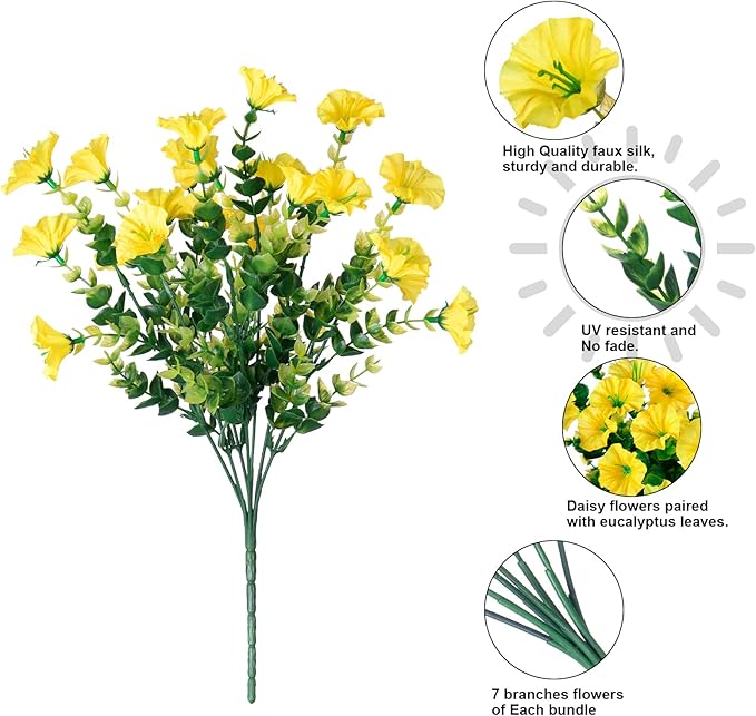 Artificial Flowers for Outdoors Fake Flowers Plants for Spring Summer Decor, 12 Bundles Silk Morning Glory with Eucalyptus Look Real UV Resistant Yellow Faux Flowers for Outside Planters Yard Patio