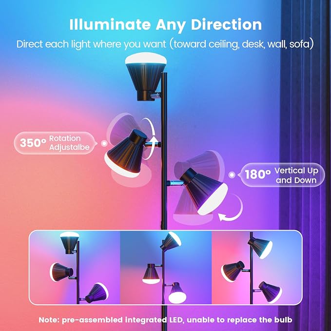 SIBRILLE RGB Floor Lamp, 36W LED Dimmable Standing Lamp with 3 Swivel Lights, Color Changing Tall Lamp with Remote, Stepless Dimmable Modern Floor Lamps for Living Room, Bedroom, Gaming Room,Office