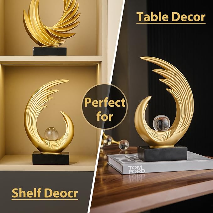 FJS Gold Modern Art Statue Decor, Coffee Table Bookshelf Shelf Decor Accents, Abstract Feather Sculpture Decorations for Dining Room Living Room Office