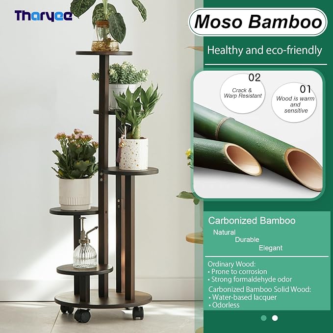 5 Tier Plant Stand Indoor, Wood Plant Shelf Corner Display Rack with Wheels, Multiple Plants Ladder Holder for Living Room Balcony Bedroom Garden Patio (Dark brown, 5 Tier)