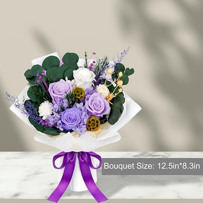 Perfectione Roses 4 Roses Mixed Bouquet for Mother's Day, Flowers for Delivery, Preserved Flowers Birthday Gift for Women Mom Wife Grandma Her, Light Purple