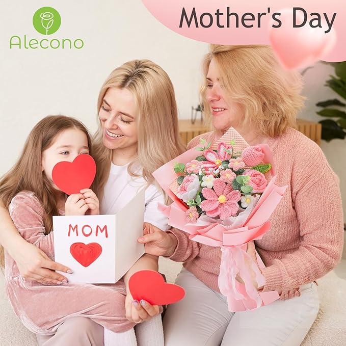 Alecono Crochet Flower Bouquet, Pink Knitted Flowers, Crochet Tulip Galsang Flower for Lover Anniversary Birthday Party Mother's Day Graduation Gifts (Include Card)