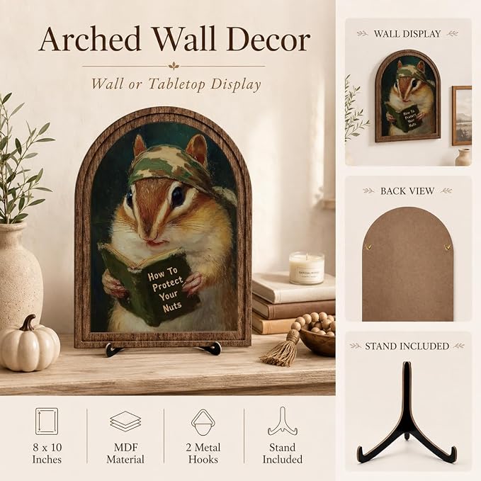 Wooden Tabletop Decor Funny Reading Chipmunk Art for Bookshelf Desk Shelf, Vintage Animal Sign with Rustic Frame, Home Office Decorative Accent