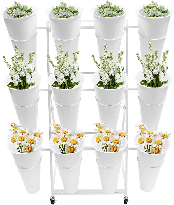 Flower Display Stand with 12 Buckets, 3 Layer Metal Plant Stand Indoor with Wheels, Heavy Duty Moving Flower Cart Flower Rack for Outdoor Patio, Garden, Florist