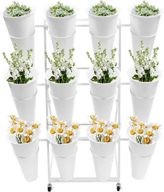 Flower Display Stand with 12 Buckets, 3 Layer Metal Plant Stand Indoor with Wheels, Heavy Duty Moving Flower Cart Flower Rack for Outdoor Patio, Garden, Florist