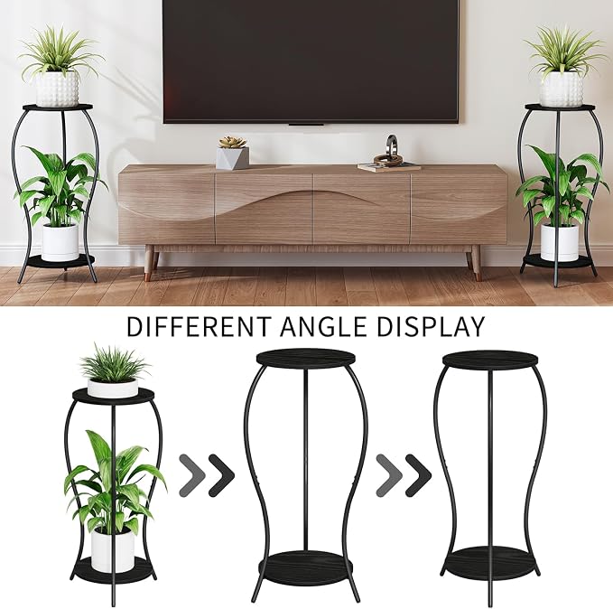 Plant Stand Indoor, 2 Tier Round Tall Plant Stand, Flower Pot Stand, Plant Shelf Rack, Corner Plant Stand for Planter Garden Balcony Patio Living Room, Black