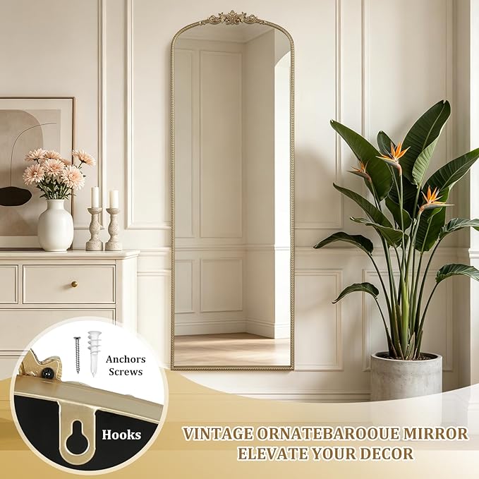 WallBeyond Gold Vintage Full Length Mirror with Stand for Vanity 22x65 Inch, Gold Antique Mirror with Ornate Frame, Arched Vintage for Bathroom, Living Room, Bedroom, Entryway