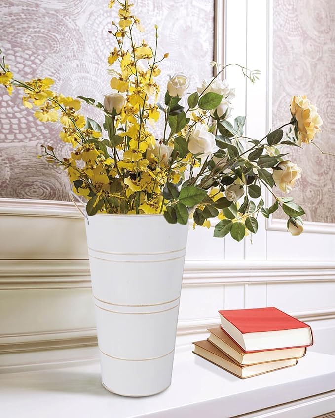 vensovo 12 Inch Galvanized Metal Vases for Flowers - 2 Pcs Farmhouse Decorative Tall Flower Bucket with Handles, Rustic French Tin Planter Buckets for Wedding Decor (White)
