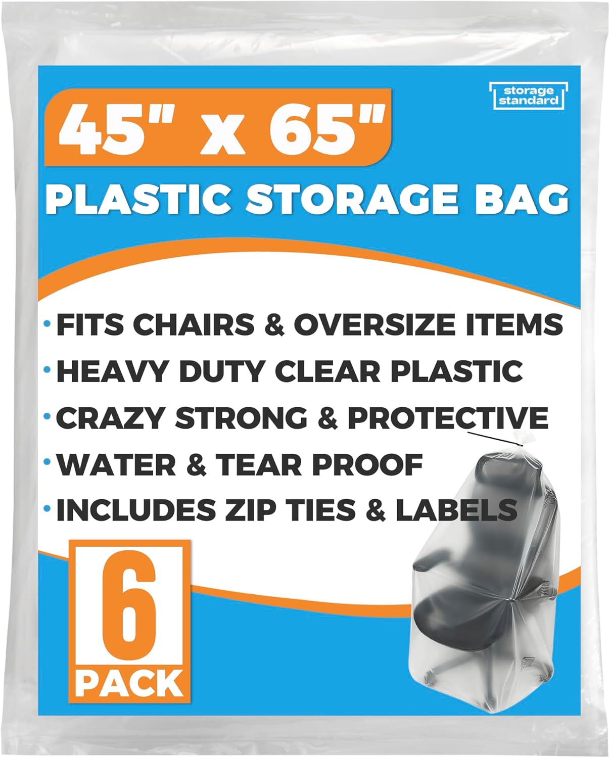 Storage Standard Large Clear Plastic Bags - Waterproof Heavy-Duty 6-Pack for Rugs & Oversized Items | 45 x 65 Inches