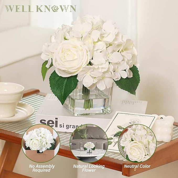 WELL KNOWN Fake Flowers in Vase, Hydrangea Rose Artificial Flowers with Fake Water in Glass Vase Realistic Silk Faux Floral Centerpiece for Coffee Table Office Dining Room Wedding Home Decor - White