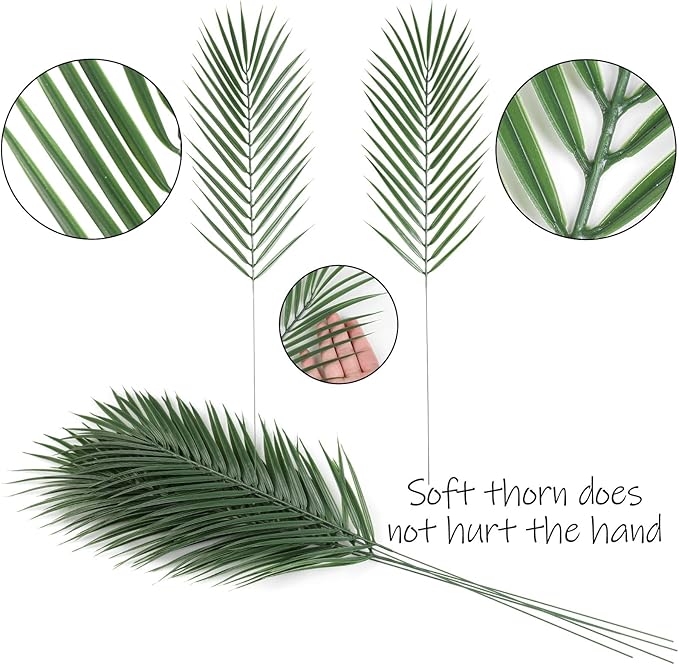 CCINEE 16 PCS Artificial Palm Leaves, Faux Large Palm Fronds Fake Tropical Plant Simulation Safari Leaves with Stems for Home Hawaiian Luau Party Jungle Beach Theme Party Decoration