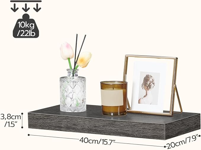 HOOBRO Floating Shelves for Wall, Wall Mounted Shelf Set of 2, 15.7" Hanging Shelf with Invisible Brackets, for Wall Decor Storage in Bathroom Bedroom Kitchen Livingroom Office, Charcoal Gray BC40BJ01