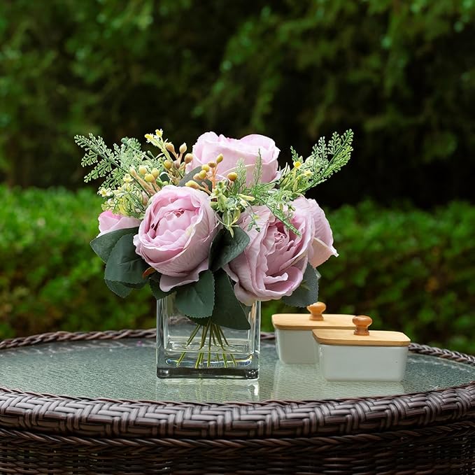 ENOVA FLORAL Artificial Flower Arrangement with Vase,Mixed Artificial Fake Silk Peony Flower in Vase for Decoration Home Office, Wedding Centerpiece (Light Pink)