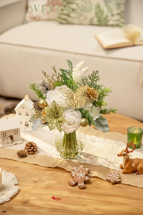 Fake Flowers in Vase, Golden Shimmer Poinsettia & Butterfly, Artificial Rose Flowers Arrangement Centerpiece for Dining Table Wedding Party Fall Winter Home Christmas Decor Gift (Gold White & Green)