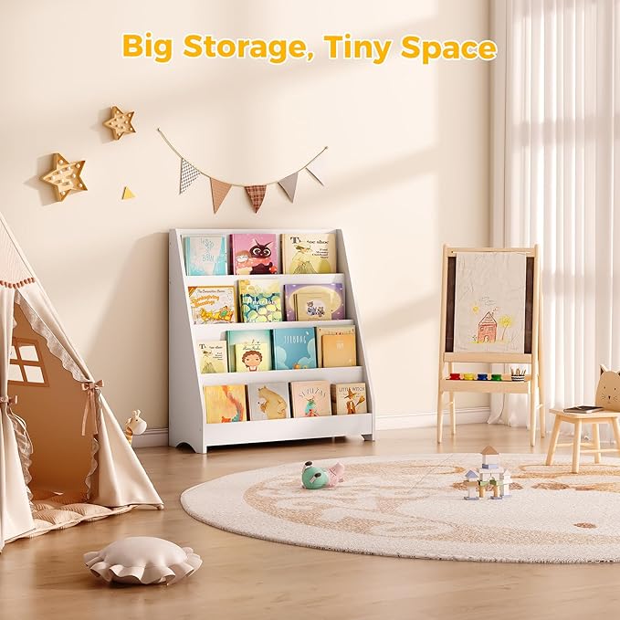 Tatub 4 Tier Kids Wooden Bookshelf, Toddler Sling Bookcase Montessori Bookshelf, Children Front Facing Book Shelf for Nursery, Playroom and Classroom, White