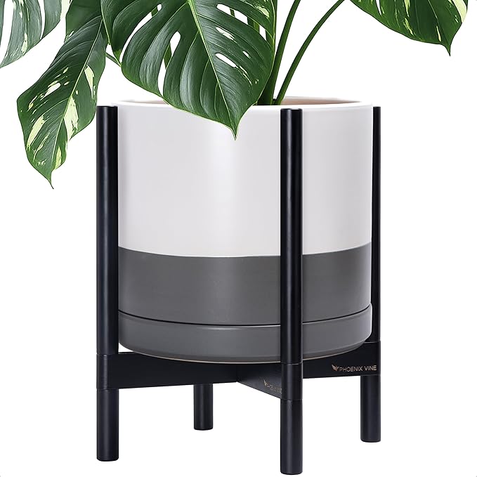 D'vine Dev Ceramic Planter with Ebony Stand - 14 Inch Modern Round Flower Pot with Wood Planter Holder, White/Grey, 55-B-S-6