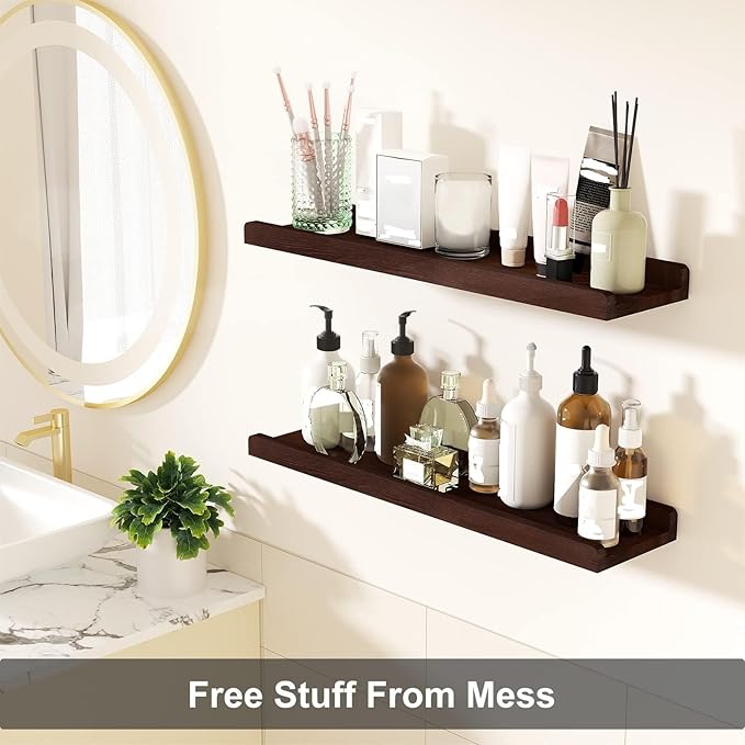 Love-KANKEI Floating Shelves Wall Mounted Set of 2, 24 Inch Wood Storage Wall Shelves for Bedroom Living Room Bathroom Kitchen Office and More Dark Walnut