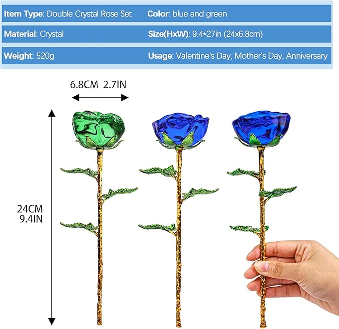 HDCRYSTALGIFTS 9.5'' Crystal Rose Flower Glass Blue and Green Flowers with Green Leaves for Wedding Anniversary/Wife, Romantic Forever Gifts for Her (Pack of 2)