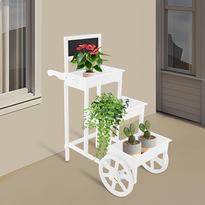Flower Display Stand | 3-Tier Wood Flower Cart | Flower Cart Display Stand with Wheels | Ladder Shaped Plant stand | Market flower display Stand | Handle & Blackboard (White)