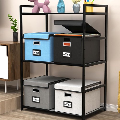 Huolewa File Organizer Box - Collapsible Faux Leather Filing System with Lid | Decorative Home/Office Storage