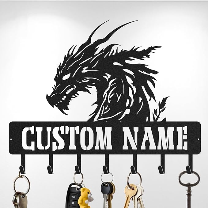 LOWACOS Personalized Dragon Key Holder, Custom Metal Dragon Key Hooks with Name, Large Black Metal Wall Hooks Rack, Custom Jacket Organizer for Gameroom, Bedroom, Entryway, Gifts for Men(8in)
