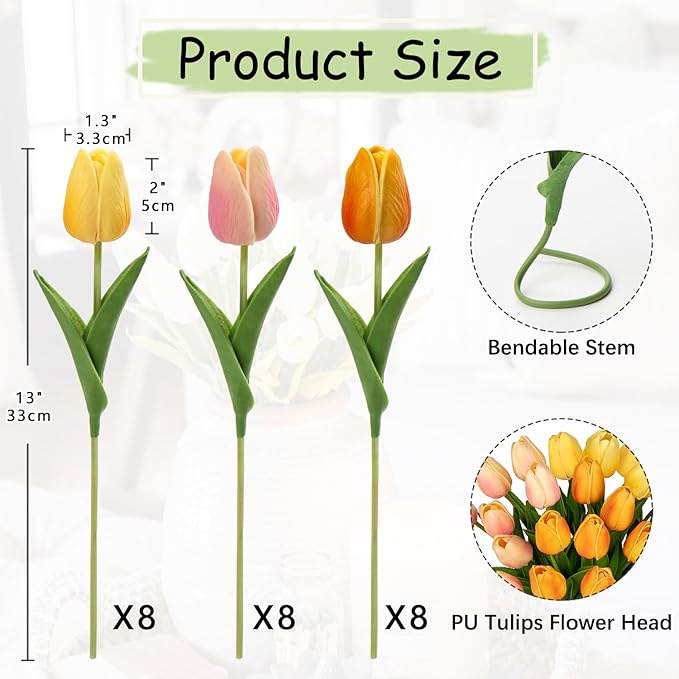 24 Pcs Artificial Tulips Flowers Mixcolor Real Touch Fake Tulips Fake Flowers for Mother's Day 13.5" Faux Tulips Faux Flowers Bulk Artificial Tulips Flowers for Vase Centerpieces Home Wedding Bouquet