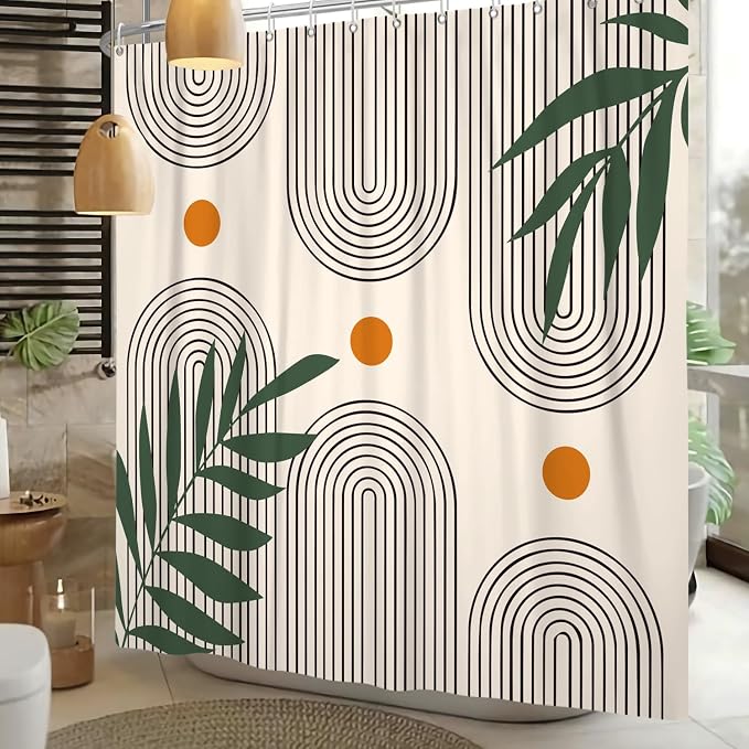Boho Mid Century Shower Curtain Bohemian Minimalist Geometric Arch Sun Bathroom Curtain Sage Green Plant Polyester Shower Curtain Sets for Bathroom Extra Long 72x72 in with 12 Hooks