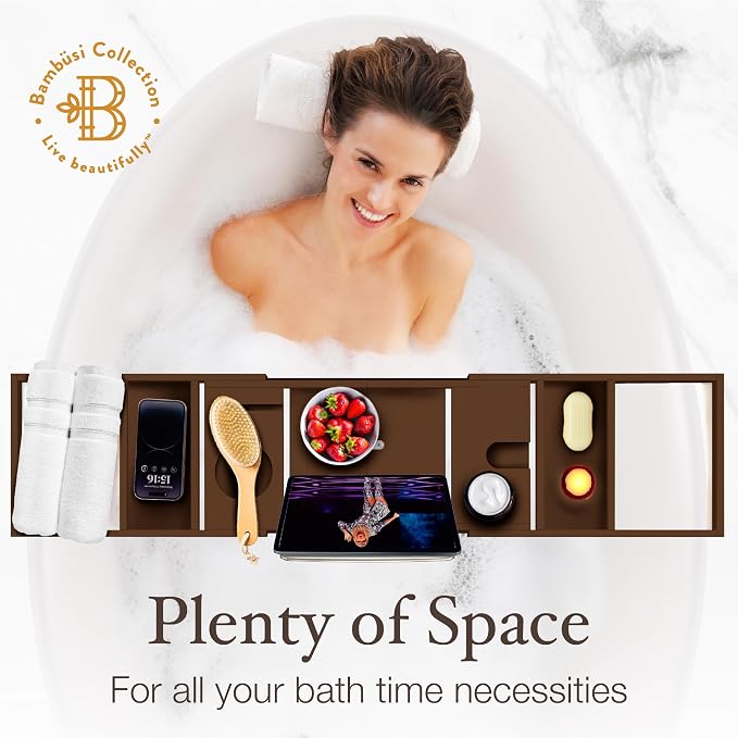 Bambüsi Bathtub Tray for Tub - Brown Bamboo Bath Tray, Expandable Wooden Bath Caddy Tray with Wine Holder, Book and Tablet Stand, Bathroom Accessories, Tub Table, Spa Bath Gifts for Women and Couples