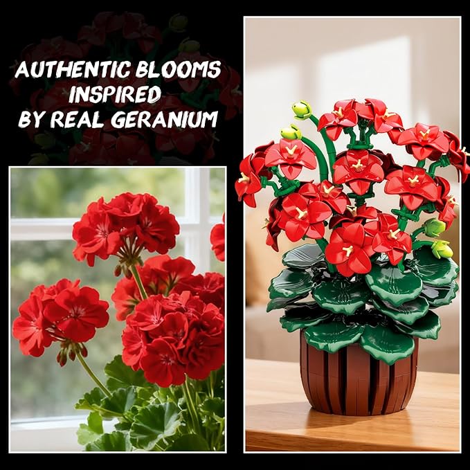 Flowers Geranium Botanicals Building Set - Artificial Bonsai Plants for Home Office Decor Display, 548PCS Geranium Flowers Pot Building Blocks for Adults Women Ages 12+ Gift for Christmas