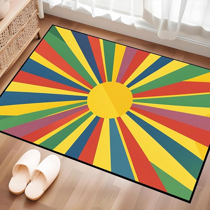 Rainbow Sunburst Area Rug Colorful Geometric Sun Carpet Soft Non-Slip Washable Floor Mat for Entryway Bedroom Living Room Nursery Playroom Classroom Home Decor,2'x3'