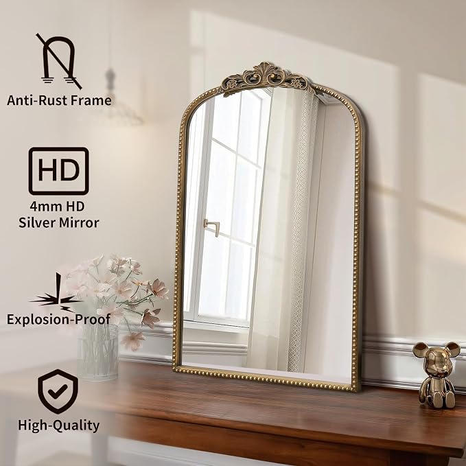 Micasso Vintage Wall Gold Mirror: 31"x 19" French Baroque Antique Mirror - Traditional Ornate Decorative Arched for Wall/Bathroom/Entryway/Fireplace/Hallway - Home Decor for Living Room
