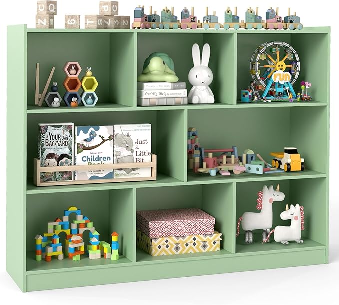 HONEY JOY Kids Toy Storage Organizer, 8-Section Storage Daycare Shelf for Preschool, Children 3-Tier Open Wooden Display Book Shelf Organizer for Classroom, Playroom & Nursery, Kindergarten (Green)