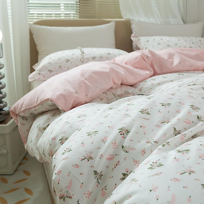 LifeTB Pink Floral Duvet Cover Queen Girls Cute Flower Pattern Duvet Cover 100% Cotton Vintage Country Bedding Cottagecore Comforter Cover with 2 Pillowcases Breathable Flower Bedding Set